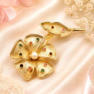 Vintage Multi Pastel Color Rhinestone Gold Tone Flower Brooch